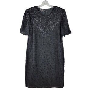 Vintage 80s Black Silk Beaded Shift Dress Evening Party Cocktail sz 2X